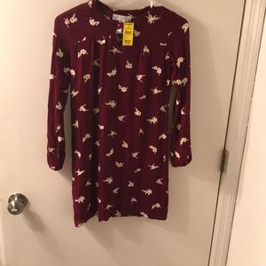 A loose, long sleeved bugundy dress